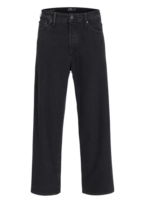 Jean noir uni 5 poches avec une coupe loose et une taille mi-haute