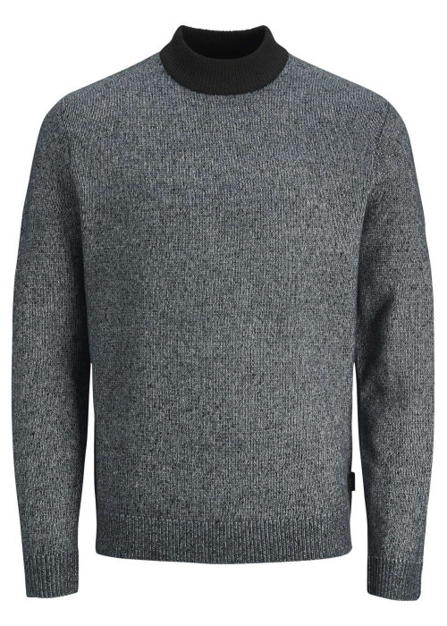 Pull gris anthracite chiné à coupe droite et à col montant noir en bord-côte