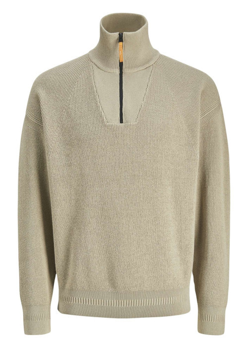 Pull en coton beige côtelé à coupe droite et col montant et zippé resserré