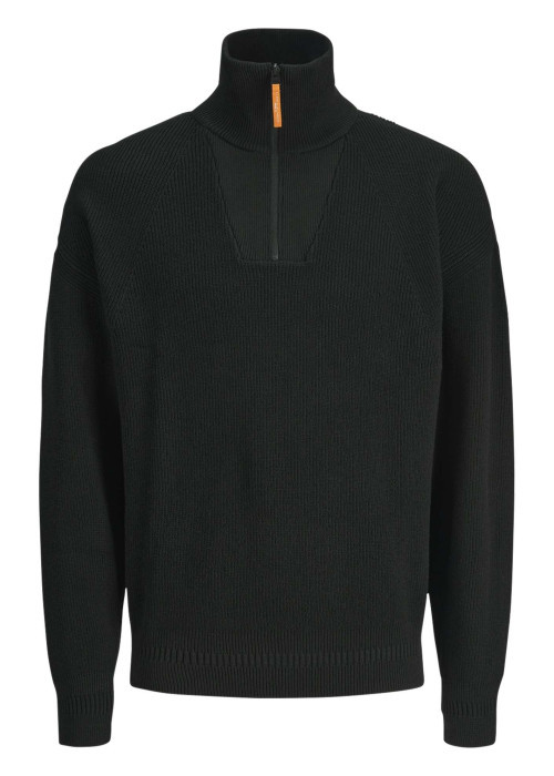 Pull en coton noir côtelé à coupe droite et col montant et zippé resserré