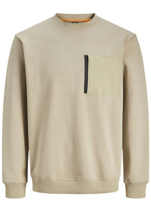 Sweat beige uni à coupe droite et à col rond avec une poche zippée à la poitrine