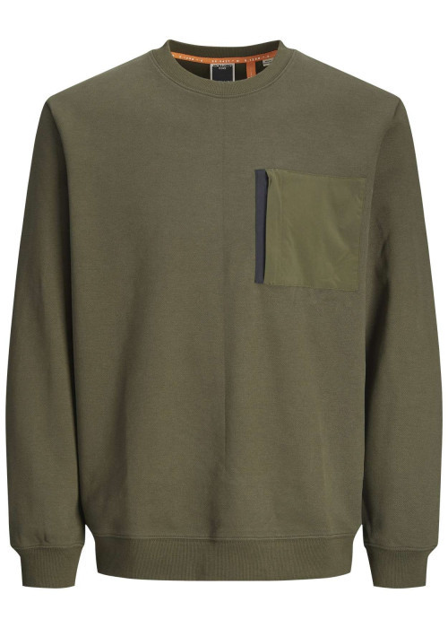 Sweat kaki uni à coupe droite et à col rond avec une poche zippée à la poitrine