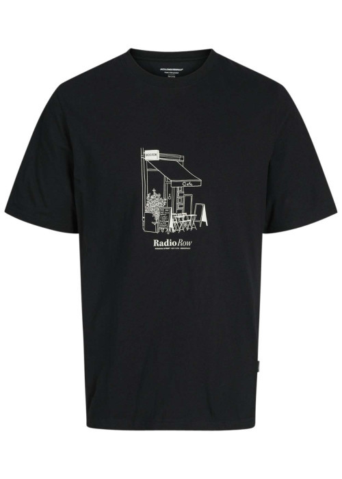 T-shirt en coton noir uni à coupe droite imprimé devanture d'un café