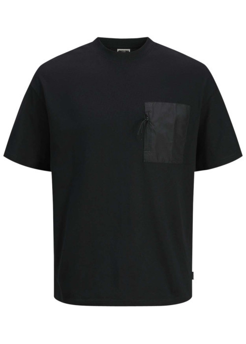 T-shirt en coton noir uni à coupe droite et à col rond avec une poche zippée