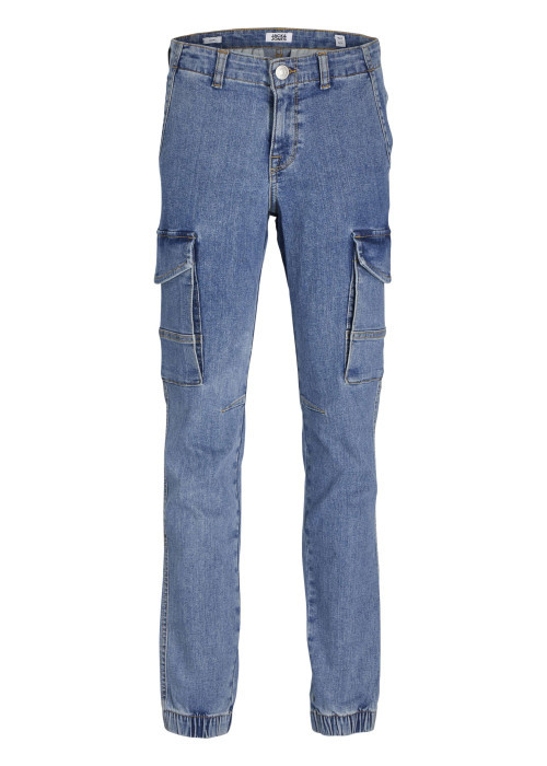Jean cargo bleu délavé avec une coupe slim fit et une taille mi-haute