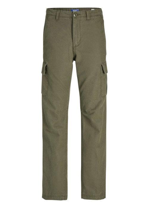 Cargo en coton kaki uni à coupe regular fit et à taille mi-haute