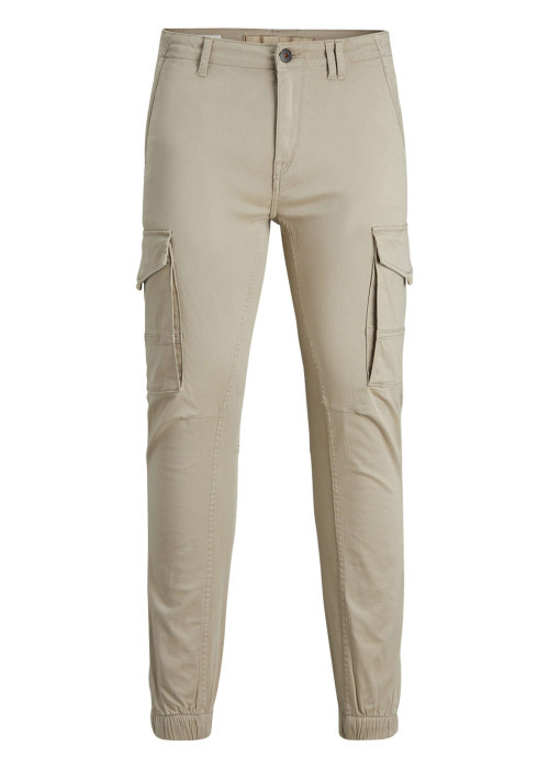 Cargo en coton biologique beige uni à coupe slim fit et à taille mi-haute