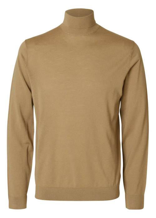 Pull en laine merinos beige uni avec une coupe droite et un col roulé