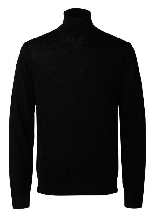 Pull en laine merinos noir uni avec une coupe droite et un col roulé
