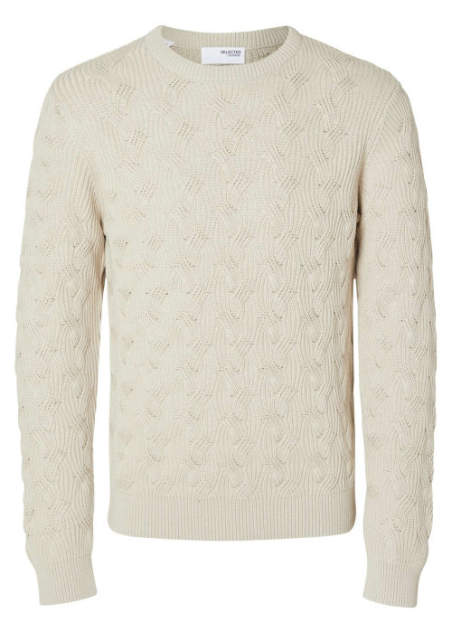 Pull en coton biologique mélangé écru en maille torsadée coupe droite col rond