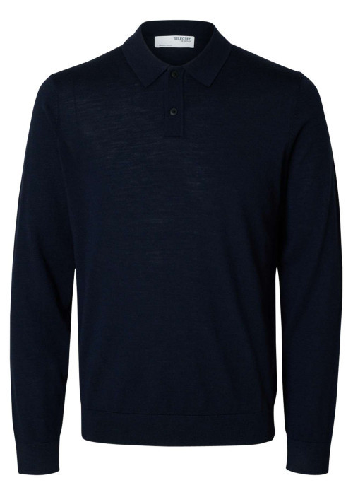 Pull en laine merinos marine uni avec une coupe droite et un col polo