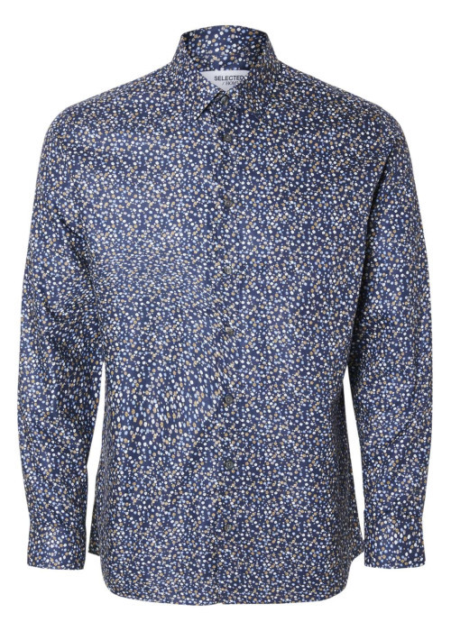 Chemise en coton biologique mélangé marine moucheté coupe droite col français