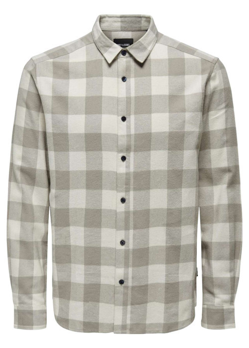 Chemise en coton beige à carreaux avec une coupe droite et un col français