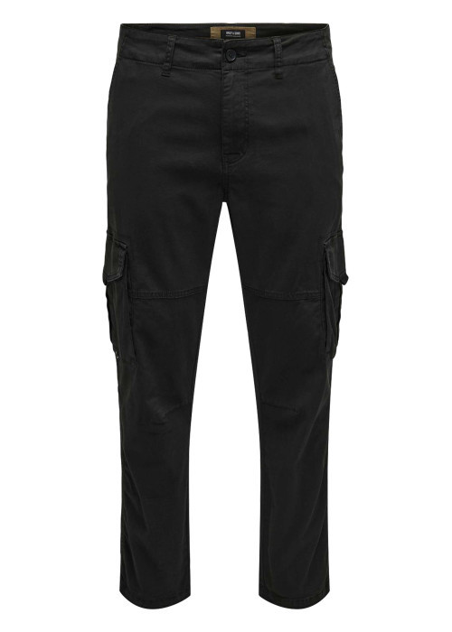 Pantalon en coton mélangé noir uni avec une coupe droite et des passants