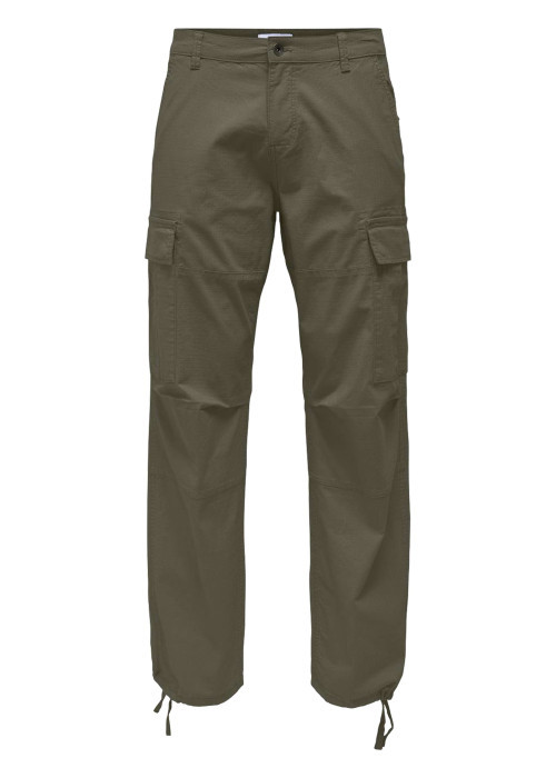 Pantalon en coton mélangé kaki uni avec des poches et une coupe droite