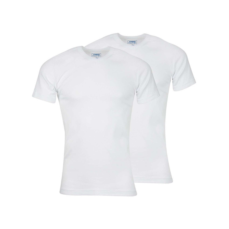 Athéna - Lot De 2 T-shirts Blancs En Coton Unis Coupe Droite Col V - Blanc