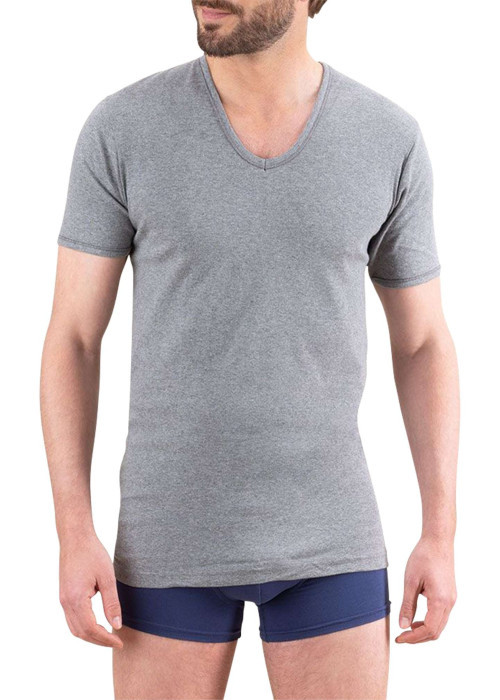 T-shirt en coton gris uni avec une coupe droite et un col V arrondi