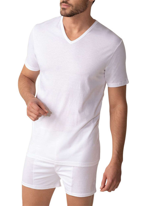 T-shirt blanc uni en coton d'Egypte avec coupe droite et col v