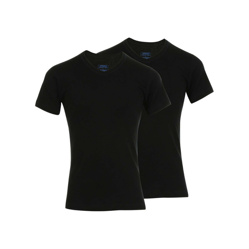Athéna - Lot De 2 T-shirts Noirs En Coton Unis Coupe Droite Col V - Noir