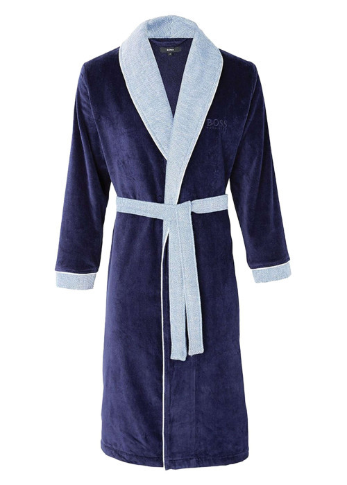 Peignoir d'intérieur bleu marine en velours avec un col châle et deux poches latérales