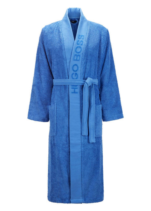 Peignoir en coton bleu uni coupe droite avec un col cache-coeur