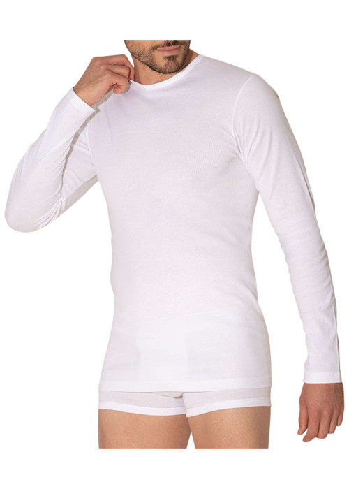 T-shirt manches longues coton blanc uni avec une coupe droite et un col rond
