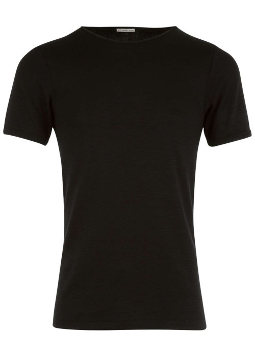 T-shirt noir uni en laine mélangée avec une coupe droite et un col rond