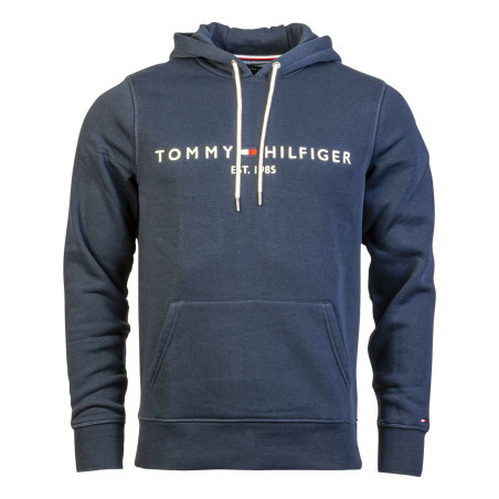 Sweat à capuche marine avec logo brodé sur l'extrémité de la manche gauche
