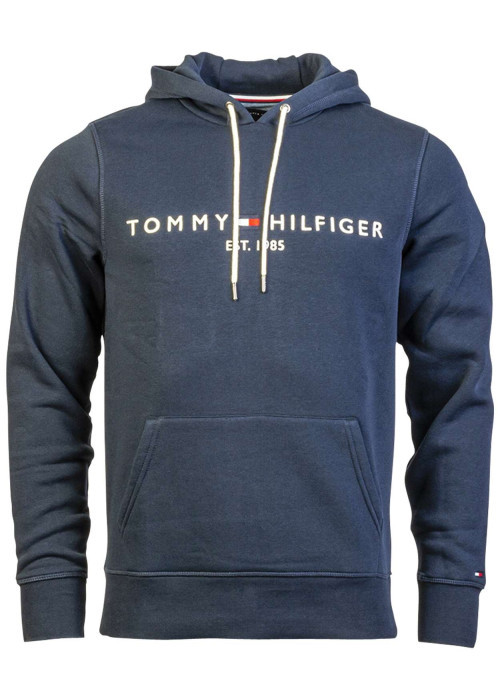 Sweat à capuche marine avec logo brodé sur l'extrémité de la manche gauche