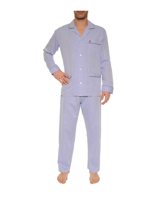 Pyjama long en coton bleu ciel uni avec une coupe droite et un col cubain