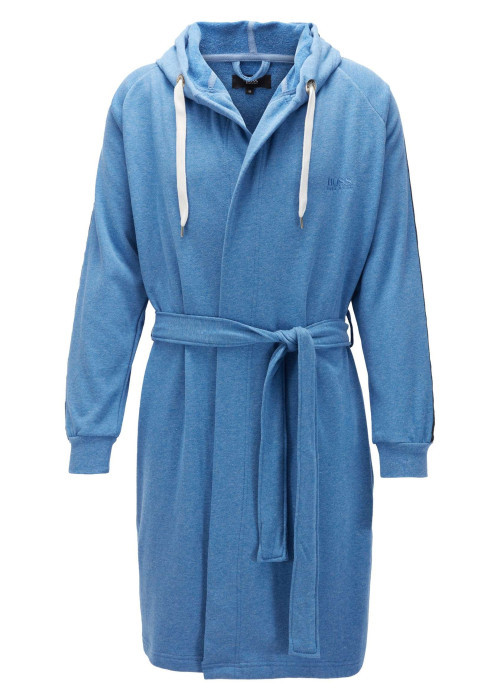 Peignoir à capuche bleue en coton mélangé avec liseré blancs et ceinture ton sur ton