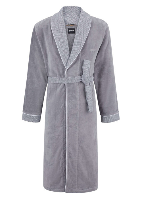 Peignoir gris en coton texturé avec un logo brodé ton sur ton