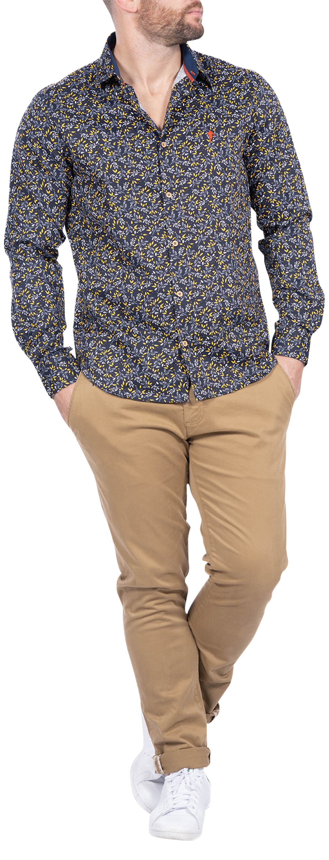 chemise à col italien ruckfield en coton bleu marine avec motifs fleuris