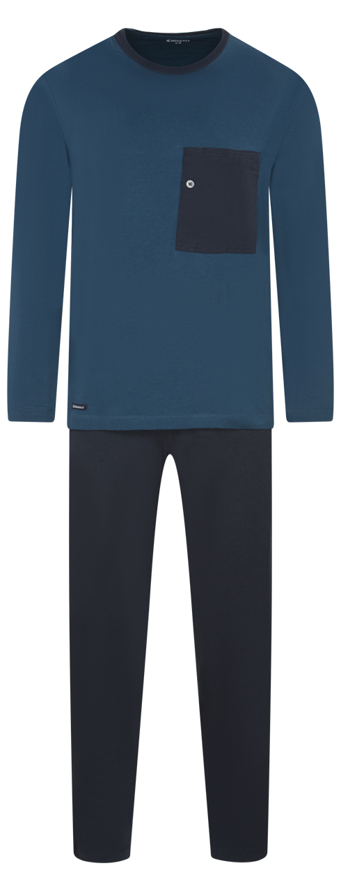 Pyjama long Eminence en coton : tee-shirt col rond manches longues bleu canard et pantalon bleu mari