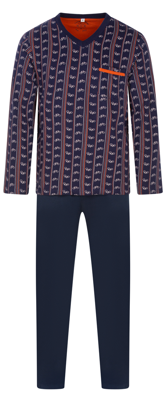 pyjama long christian cane en coton avec manches longues et col v bleu marine