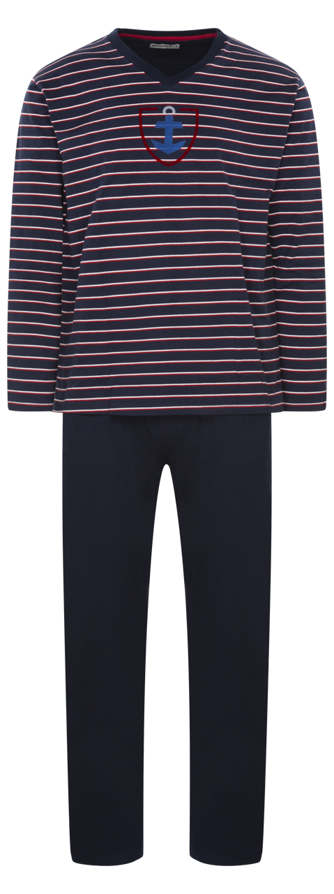 Pyjama long Mariner en coton biologique avec manches longues et col V marine rayé