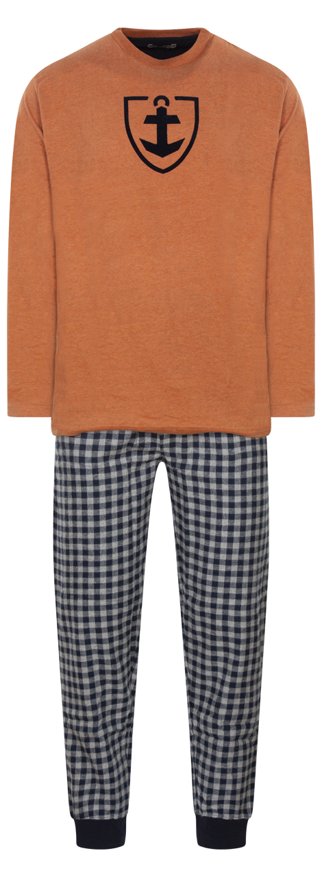Pyjama long Mariner en coton avec manches longues et col rond orange vichy
