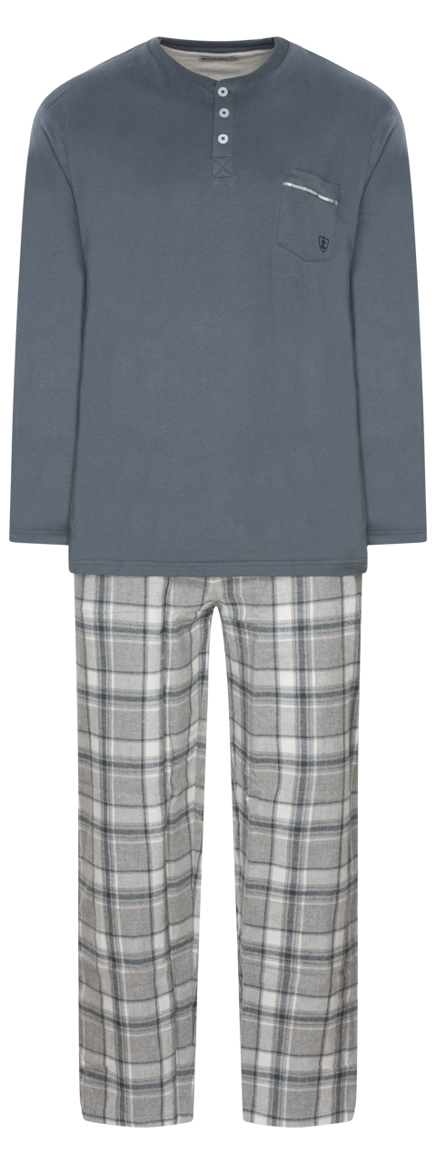 Pyjama long Mariner en coton avec manches longues et col tunisien gris anthracite à carreaux