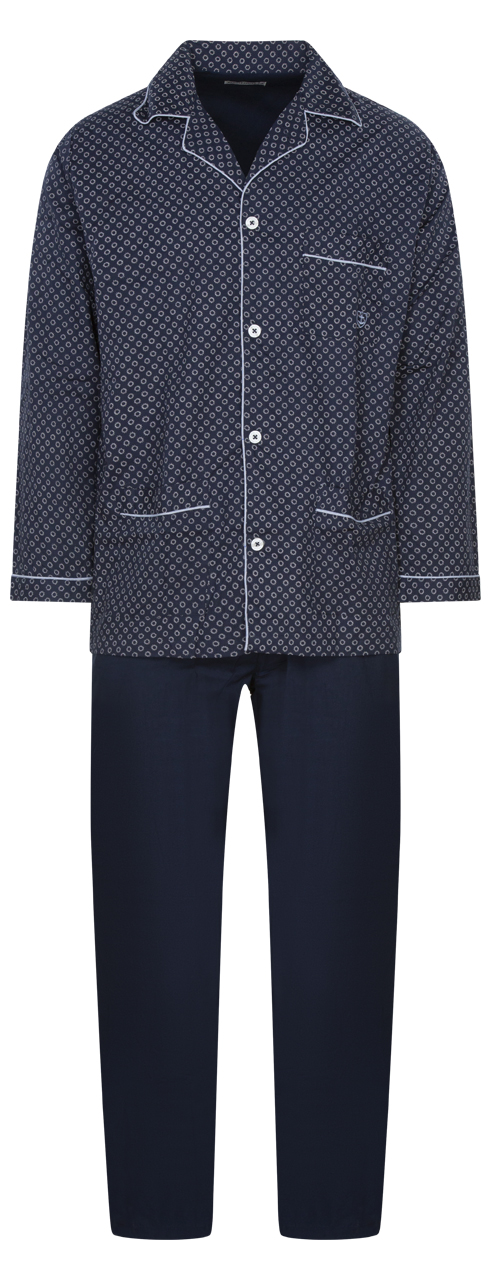 Pyjama long Mariner en coton avec manches longues et col cubain bleu marine à pois