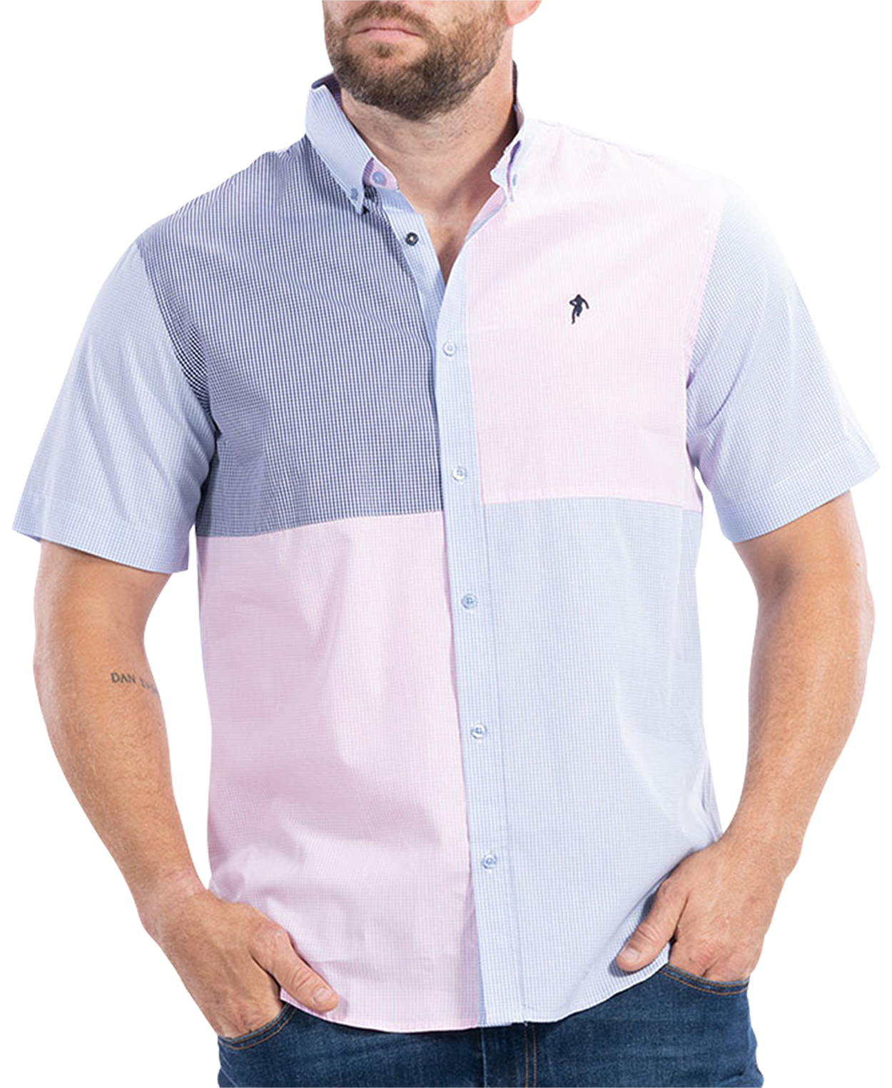 chemise droite ruckfield en coton avec manches courtes et col américain bleu ciel à carreaux