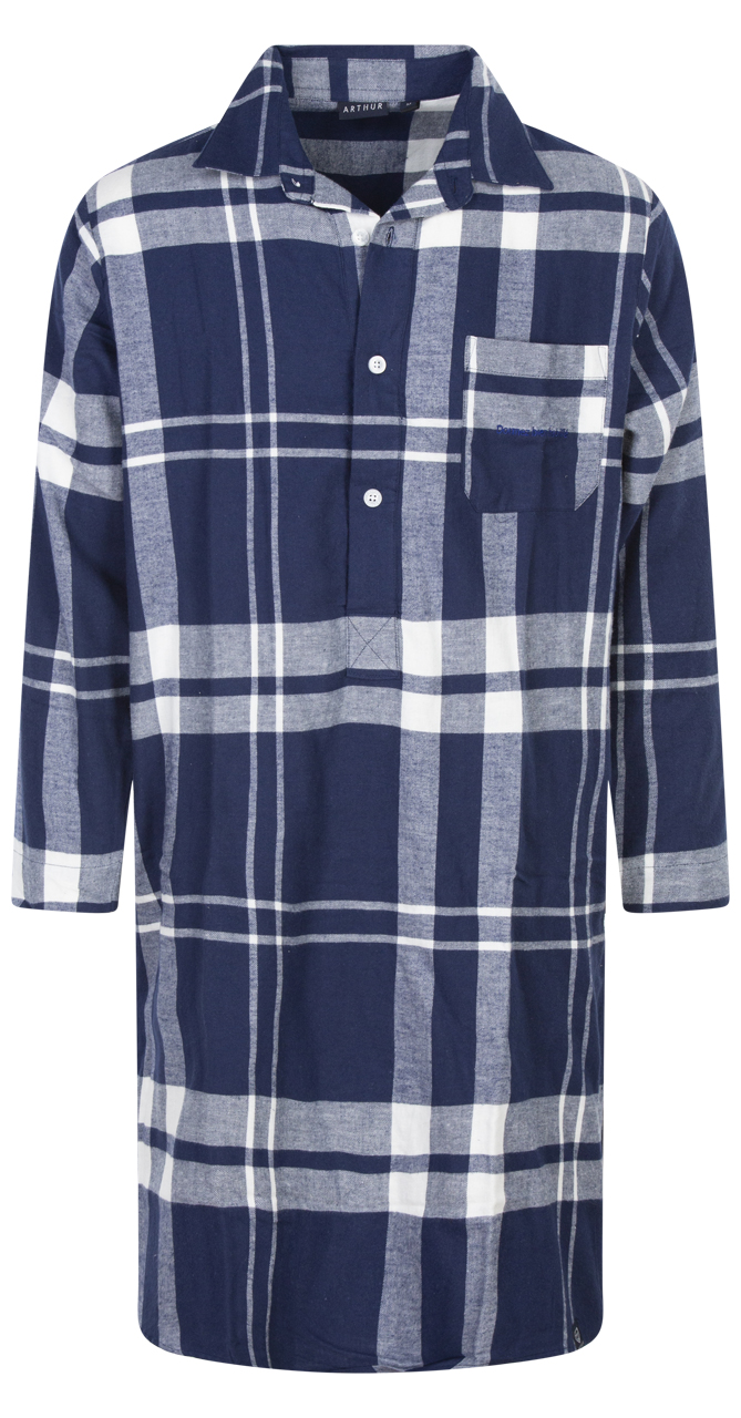 chemise de nuit arthur en coton avec manches longues et col cranté bleu marine à carreaux