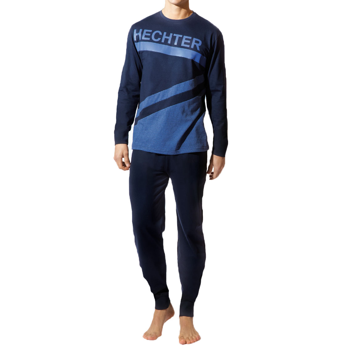 Pyjama long Hechter Studio Line en jersey de coton : tee-shirt manches longues col rond bleu marine 