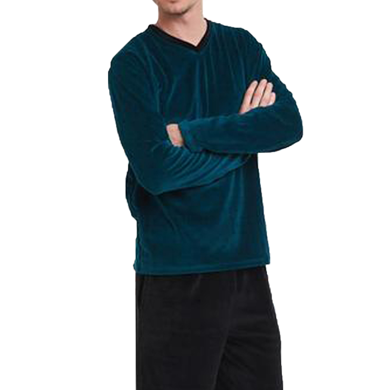 Pyjama long Arthur Slalom en velours: tee-shirt col V manches longues vert sapin à motifs noirs et p