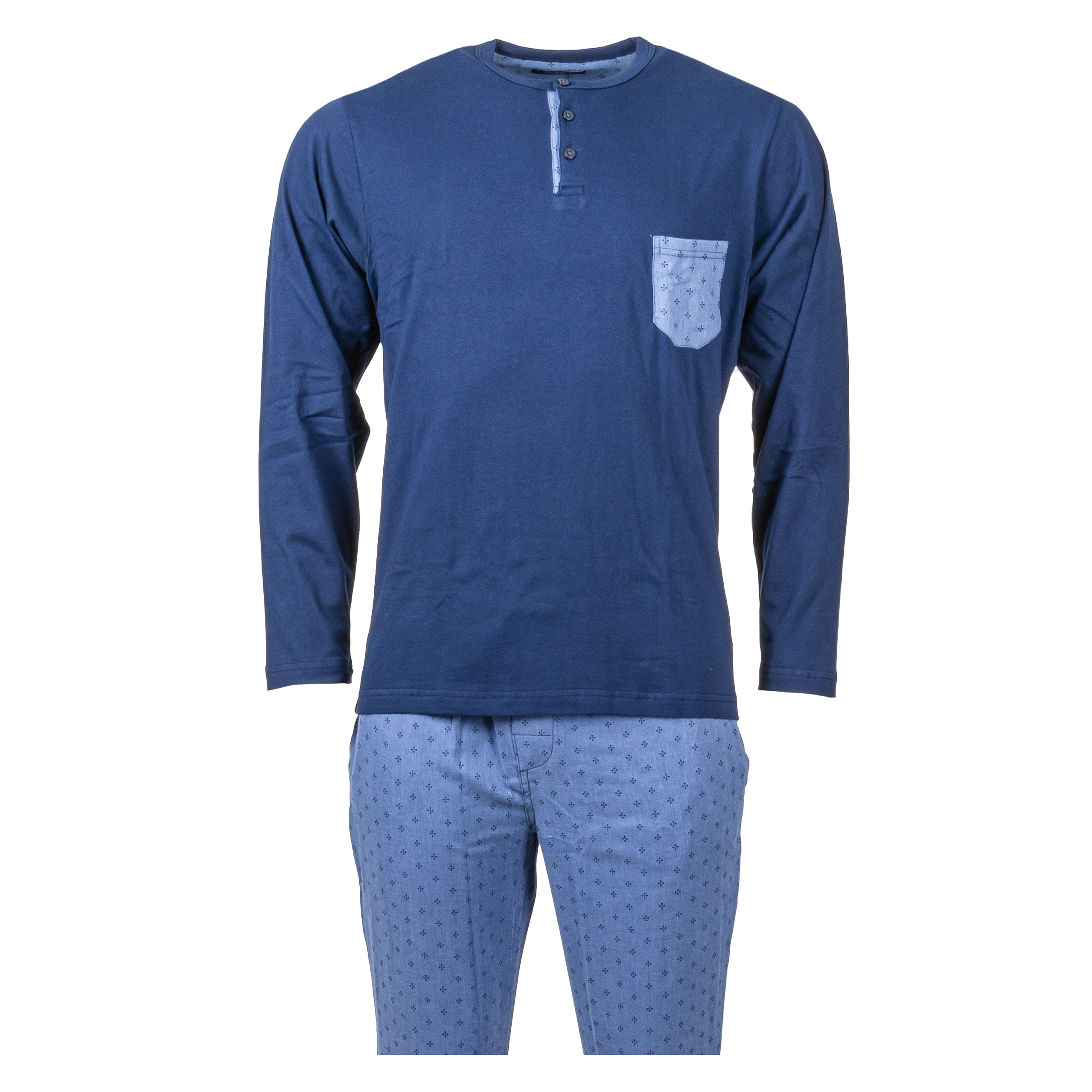 Pyjama long Guasch en coton bleu marine et bleu ciel à motifs