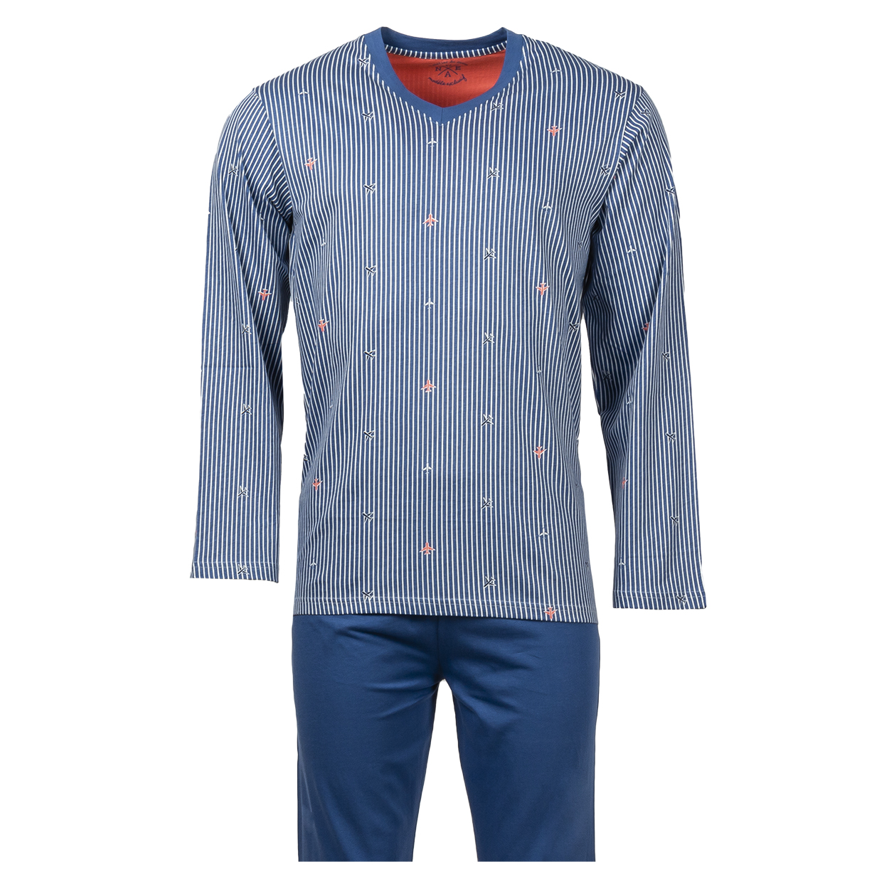 Pyjama long Christian Cane Wind en coton tee-shirt bleu indigo à rayures blanches et motifs avions b
