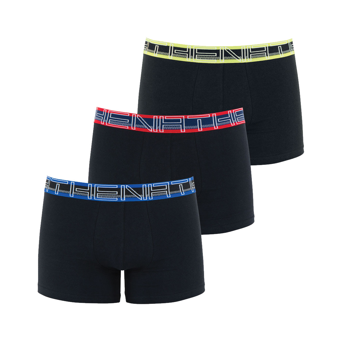 Lot de 3 boxers Athena en coton stretch respirant noir aux ceintures noires à détails verts, rouges 