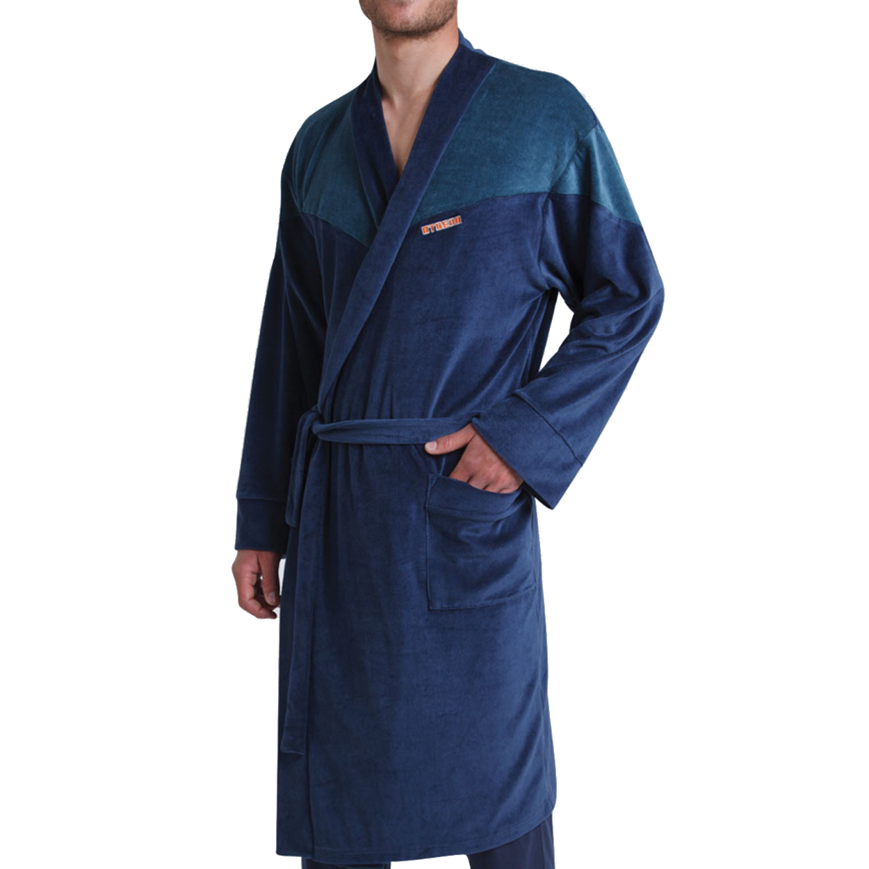 Robe de chambre velours Athena en coton mélangé bleu marine et bleu canard