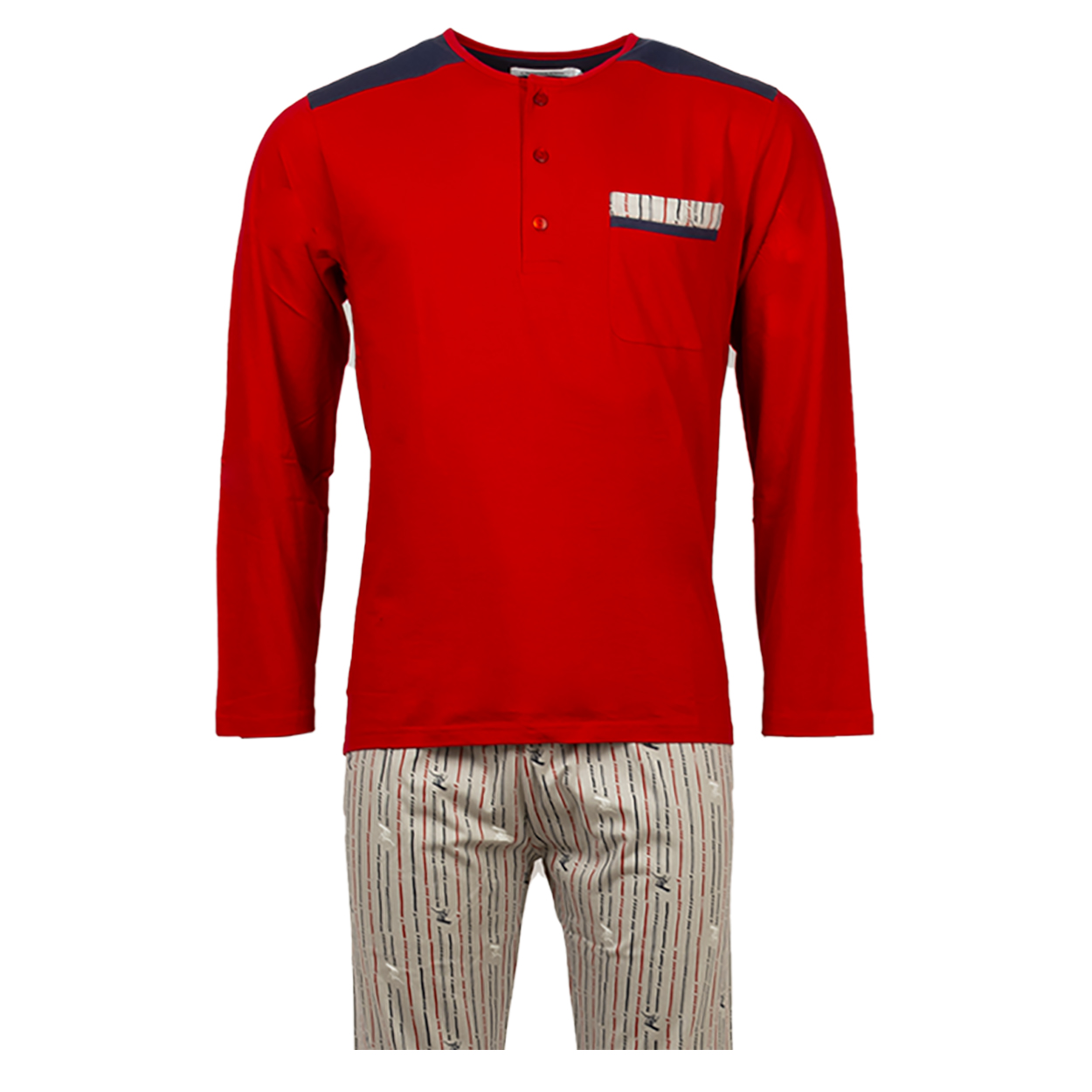 Pyjama long Christian Cane Bornan en coton : tee-shirt col tunisien manches longues rouge et pantalo