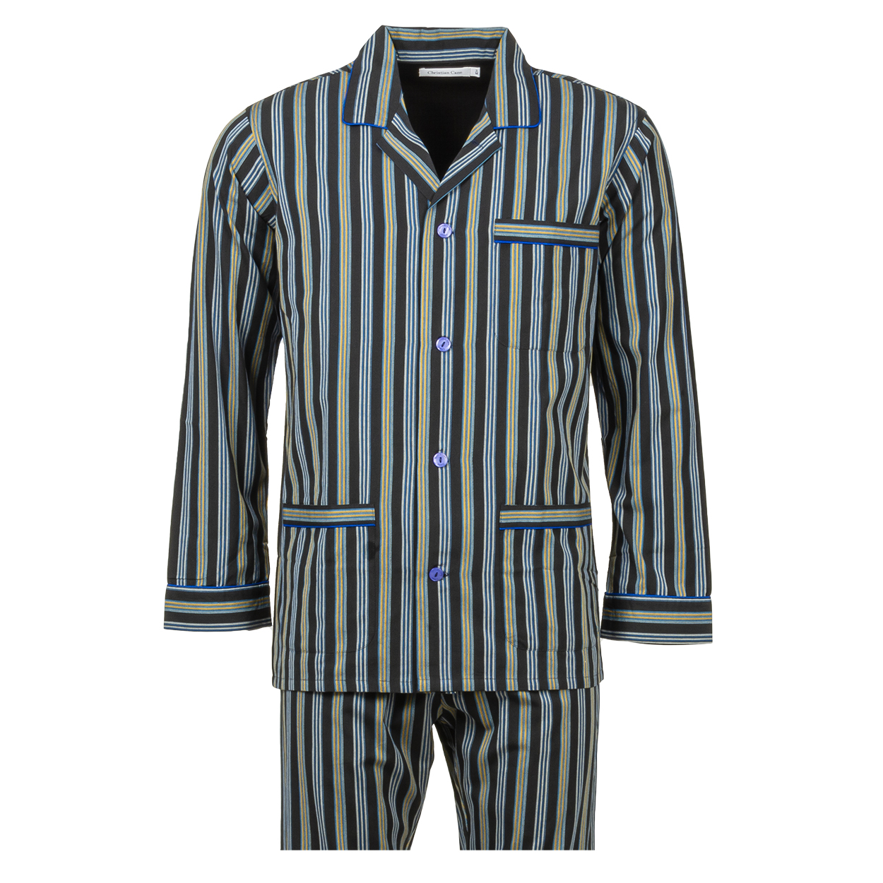 Pyjama long col chemise Christian Cane Barri en coton noir à rayures verticales bleu marine, blanche