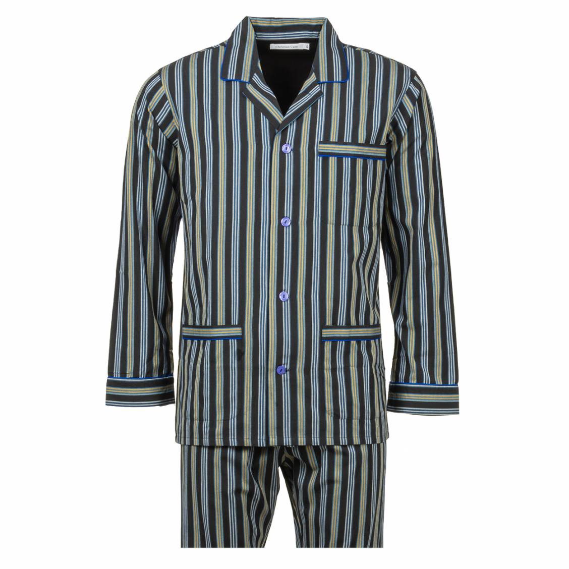 Pyjama long col chemise Christian Cane Barri en coton noir à rayures  verticales bleu marine, blanches et jaunes